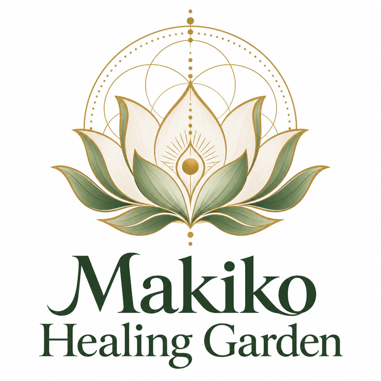 Makiko Healing Garden — green and gold lotus logo